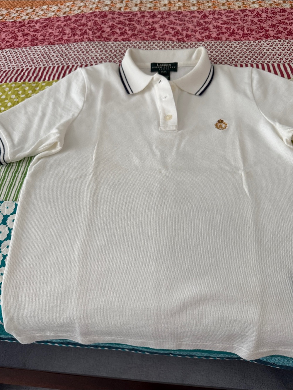 Lauren Ralph Lauren White Polo with Navy Trim and Gold Crest